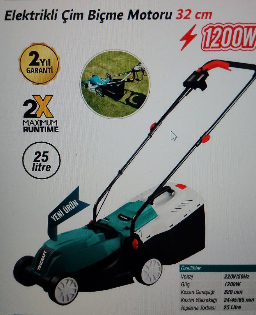 TRİCRAFT ELEKTRİKLİ ÇİM BİÇME MOTORU 1200 W 32 CM
