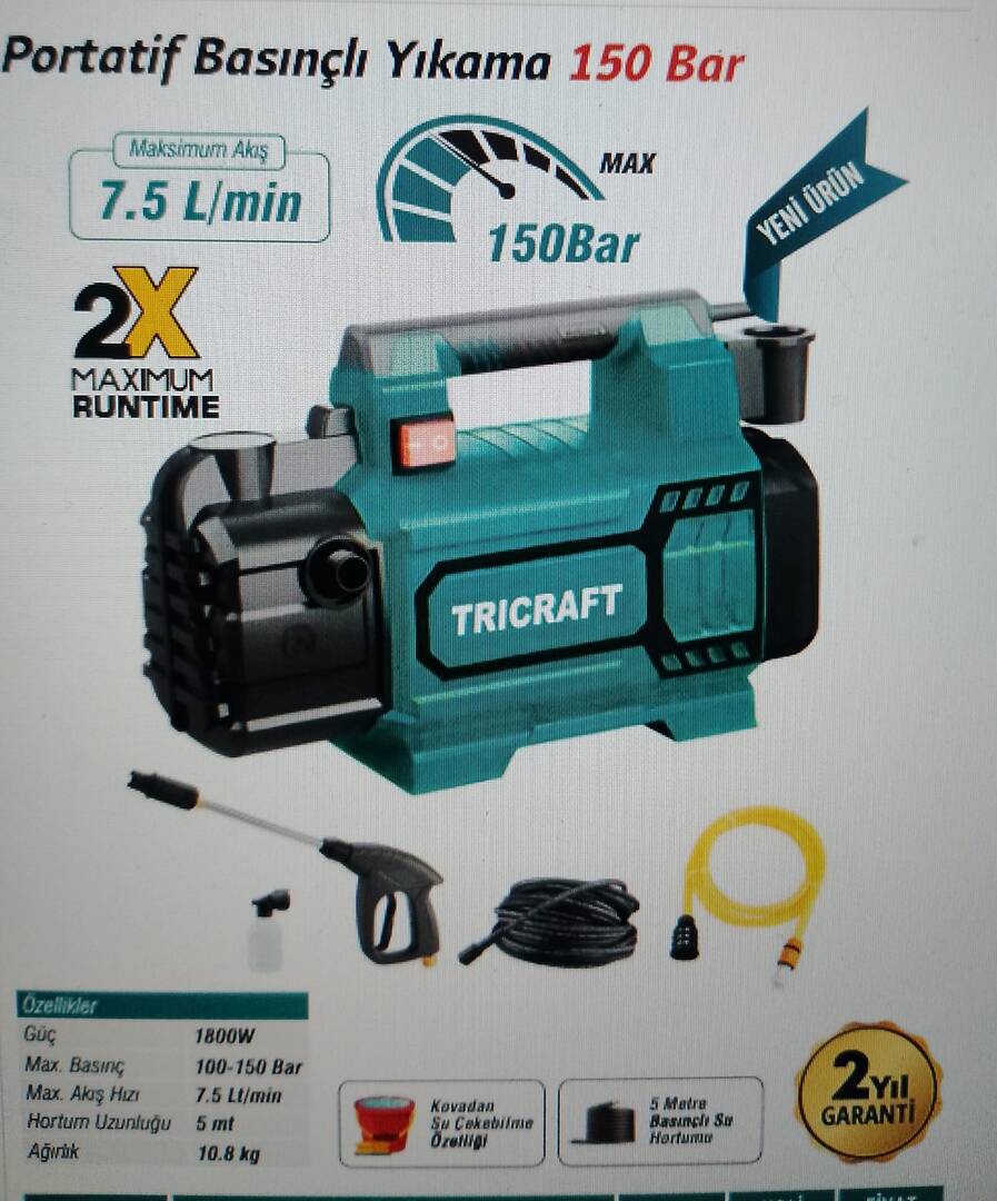 TRİCRAFT PORTATİF BASINÇLI YIKAMA 150 BAR 1800 W