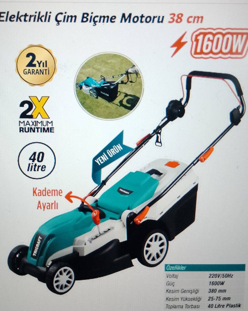 TRİCRAFT ELEKTRİKLİ ÇİM BİÇME MOTORU 1600 W 38 CM
