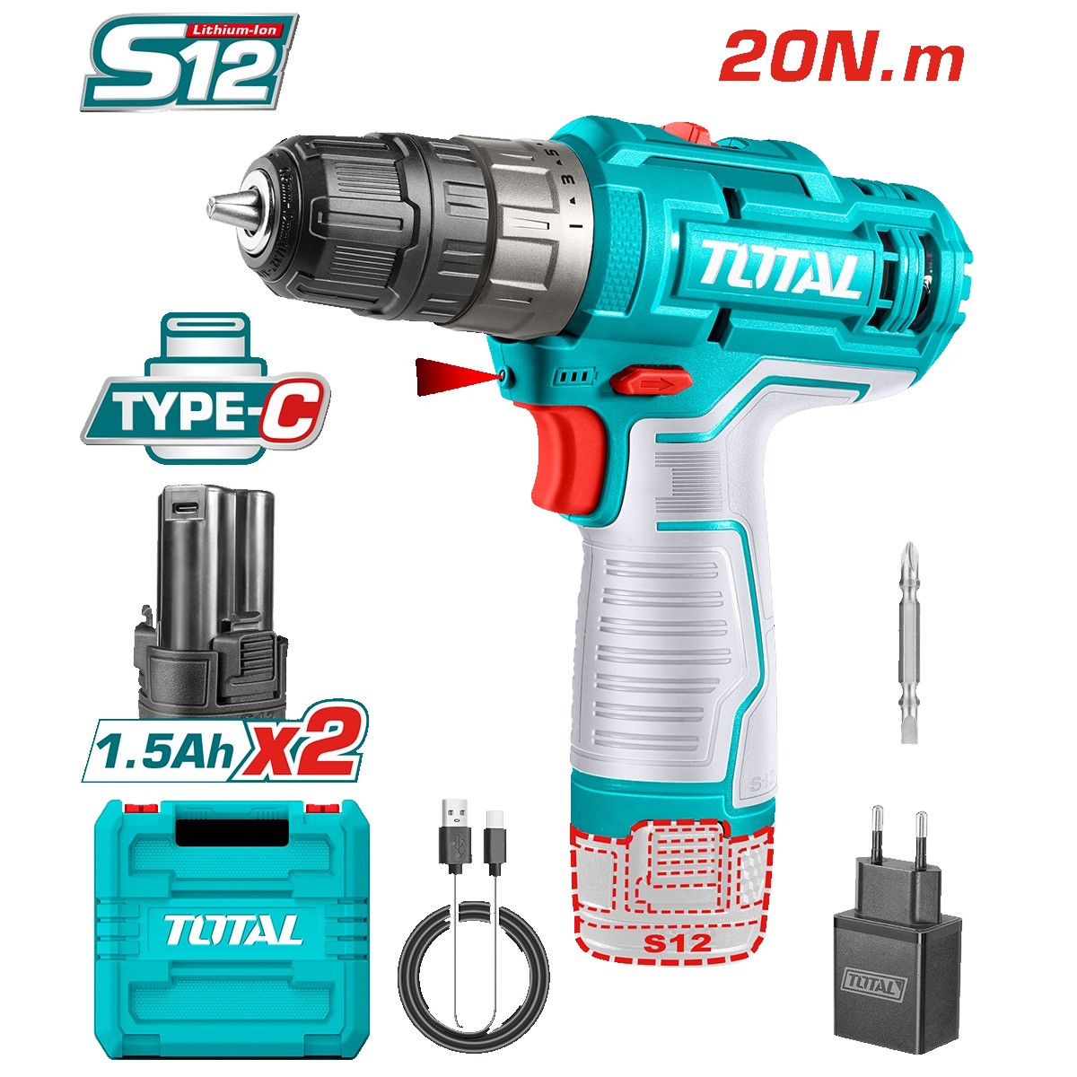 TOTAL DARBESİZ MATKAP TYPE-C LİON AKÜLÜ