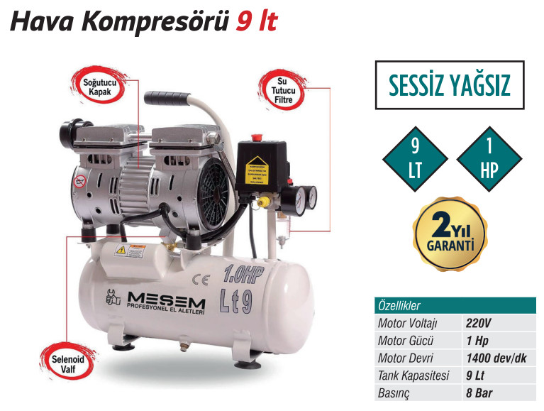 TRİCRAFT HAVA KOMPRESÖRÜ  SESSİZ YAĞSIZ 9 LT 1 HP