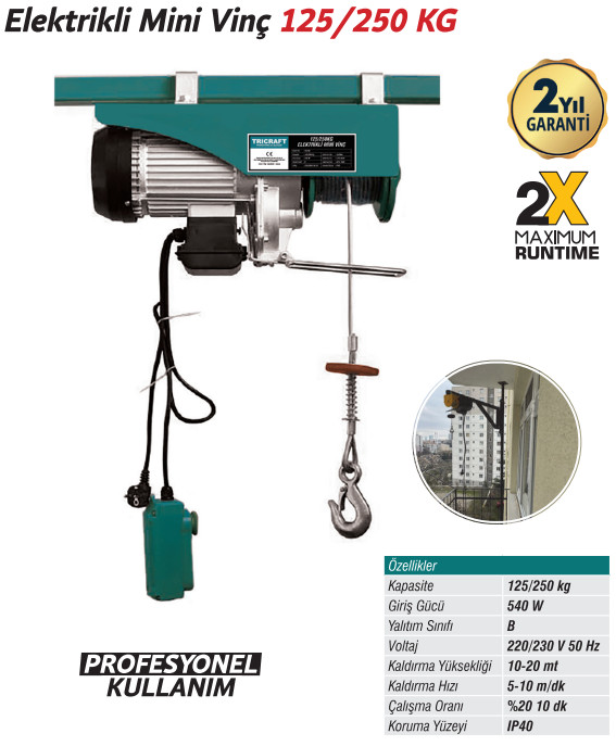 TRİCRAFT ELEKTRİKLİ MİNİ VİNÇ 125/250 KG 