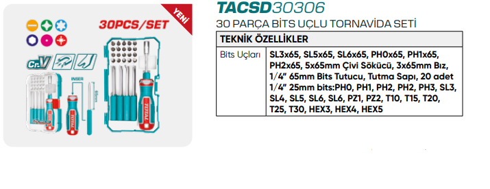 TOTAL 30 PARÇA BİTS UÇLU TORNAVİDA SETİ