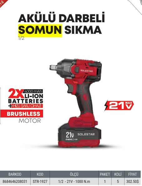 SOLESTAR AKÜLÜ DARBELİ SOMUN SIKMA 1/2  21V  1000...