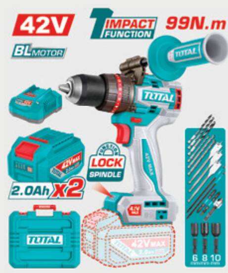 TOTAL Lİ-İON AKÜLÜ KÖMÜRSÜZ DARBELİ MATKAP 42V