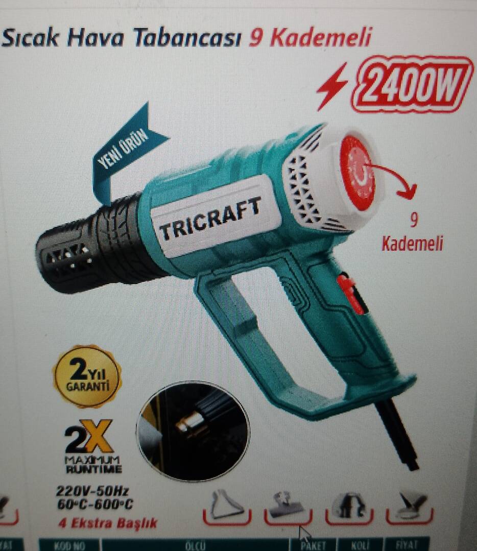 TRİCRAFT SICAK HAVA TABANCASI 9 KADEMELİ 2400 W